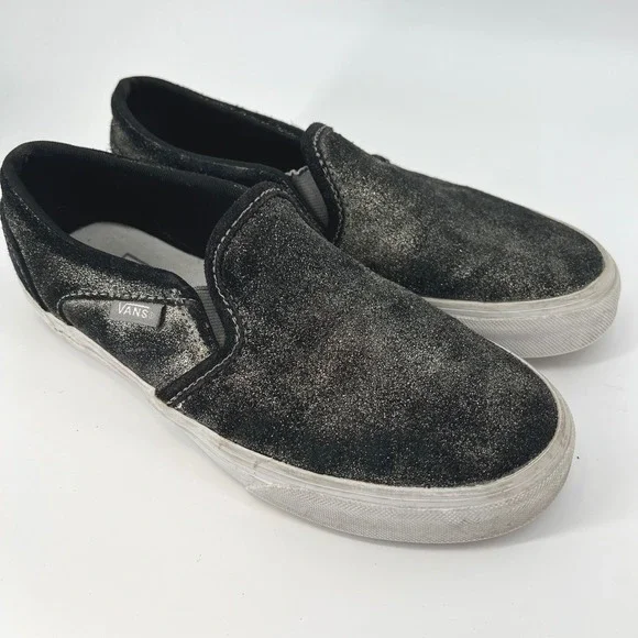 Vans Slip On Sneakers Black and Glitter Suede Womens Shoes Size 6 - Picture 1 of 8